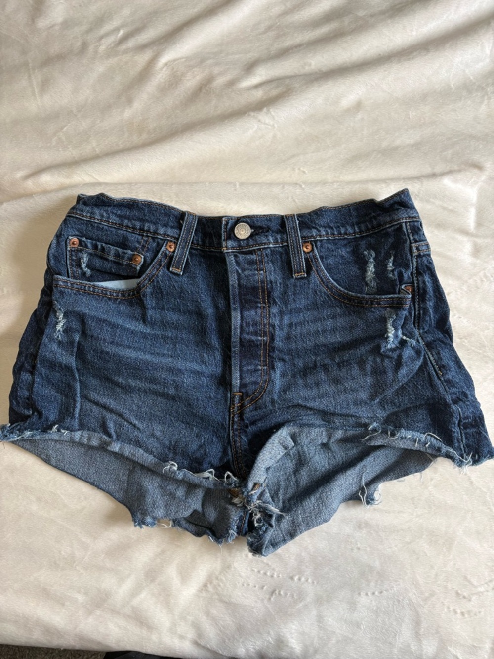 LEVI 501 Women's Dark Blue Distressed Denim Shorts